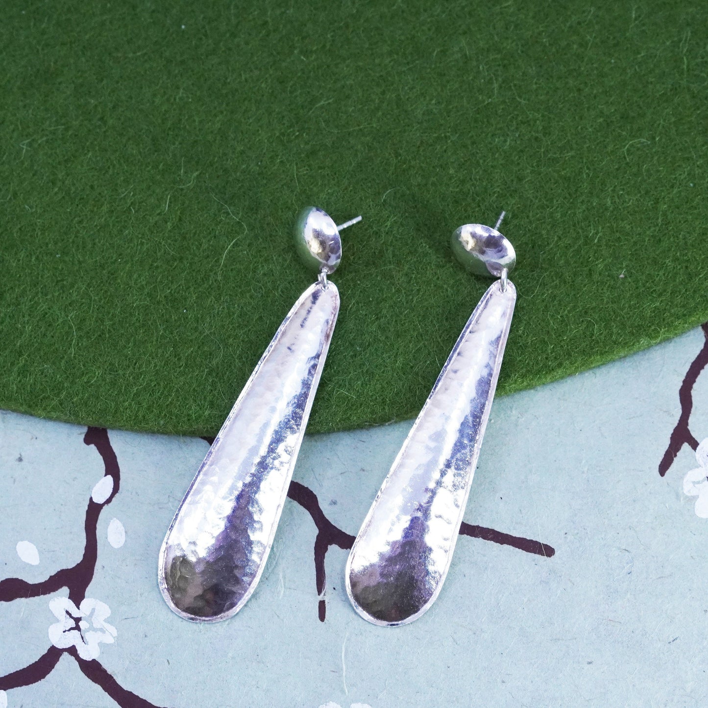 Vintage modern sterling silver handmade earrings, hammered 925 teardrop dangles