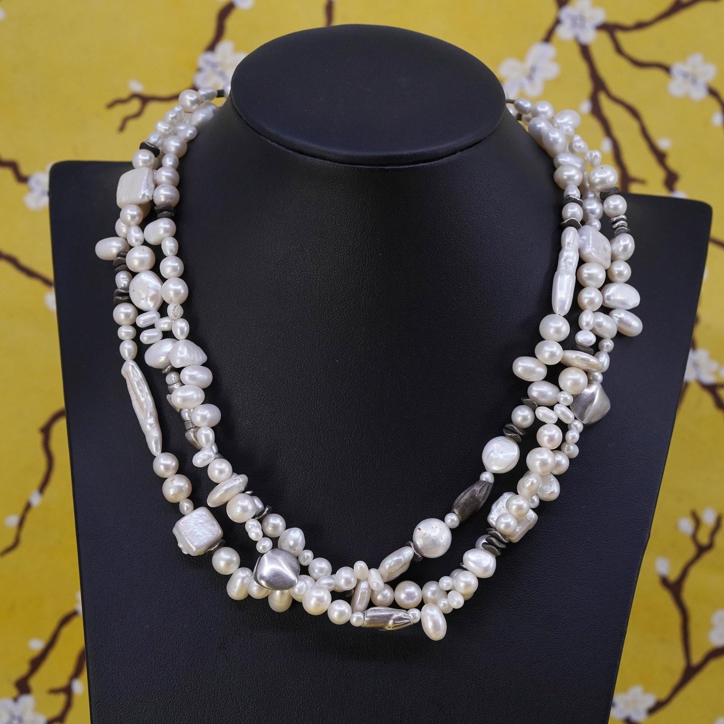 15+1", vintage Sterling 925 silver multi strands cluster pearl chain necklace