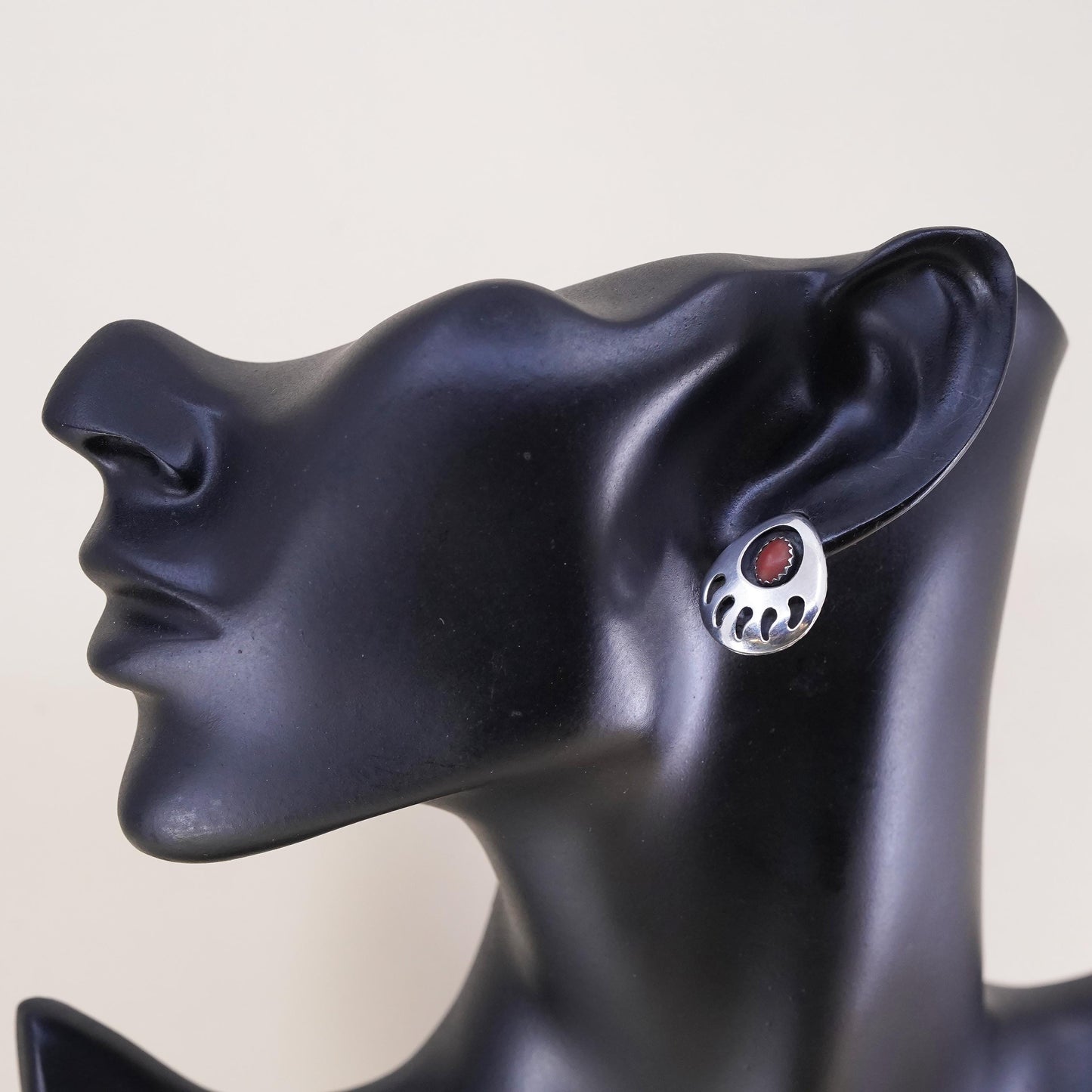 Southwestern sterling silver handmade earrings, bear paw 925 studs with coral
