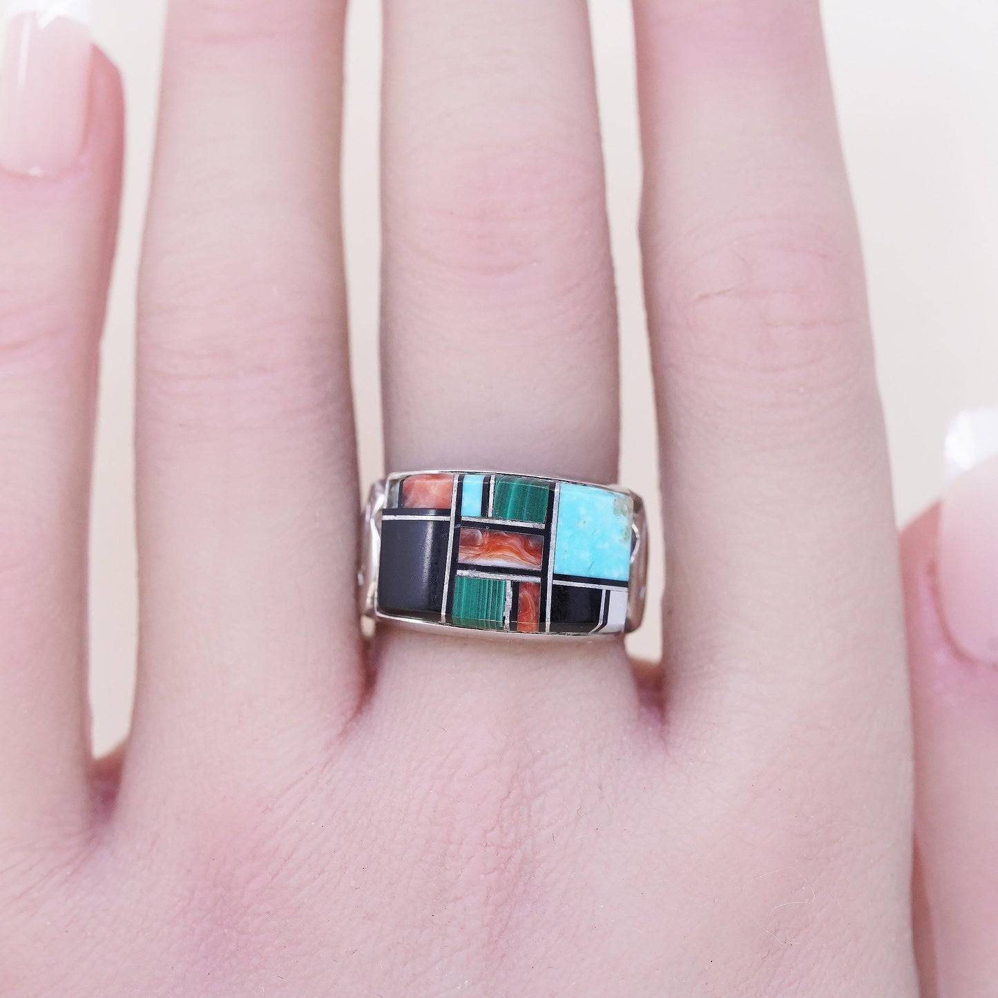 Size 8.25, Native American QT Sterling Silver Ring, Turquoise Coral Mosaic Band