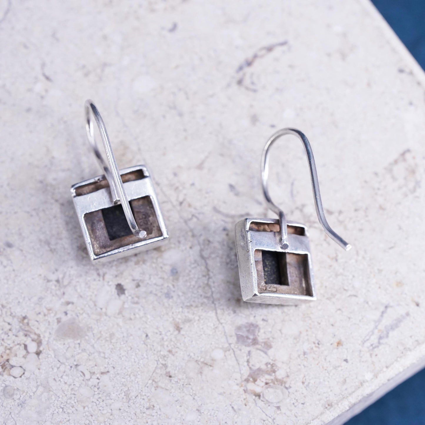 Vintage Sterling Silver 925 handmade earrings with square Black Onyx