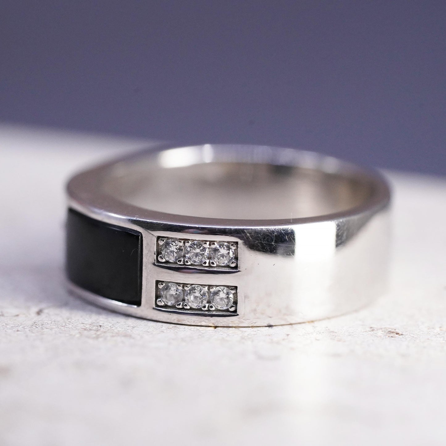 Size 8, 925 Sterling Silver Black Onyx Ring, Men’s CZ Band, Modernist Wide Ring