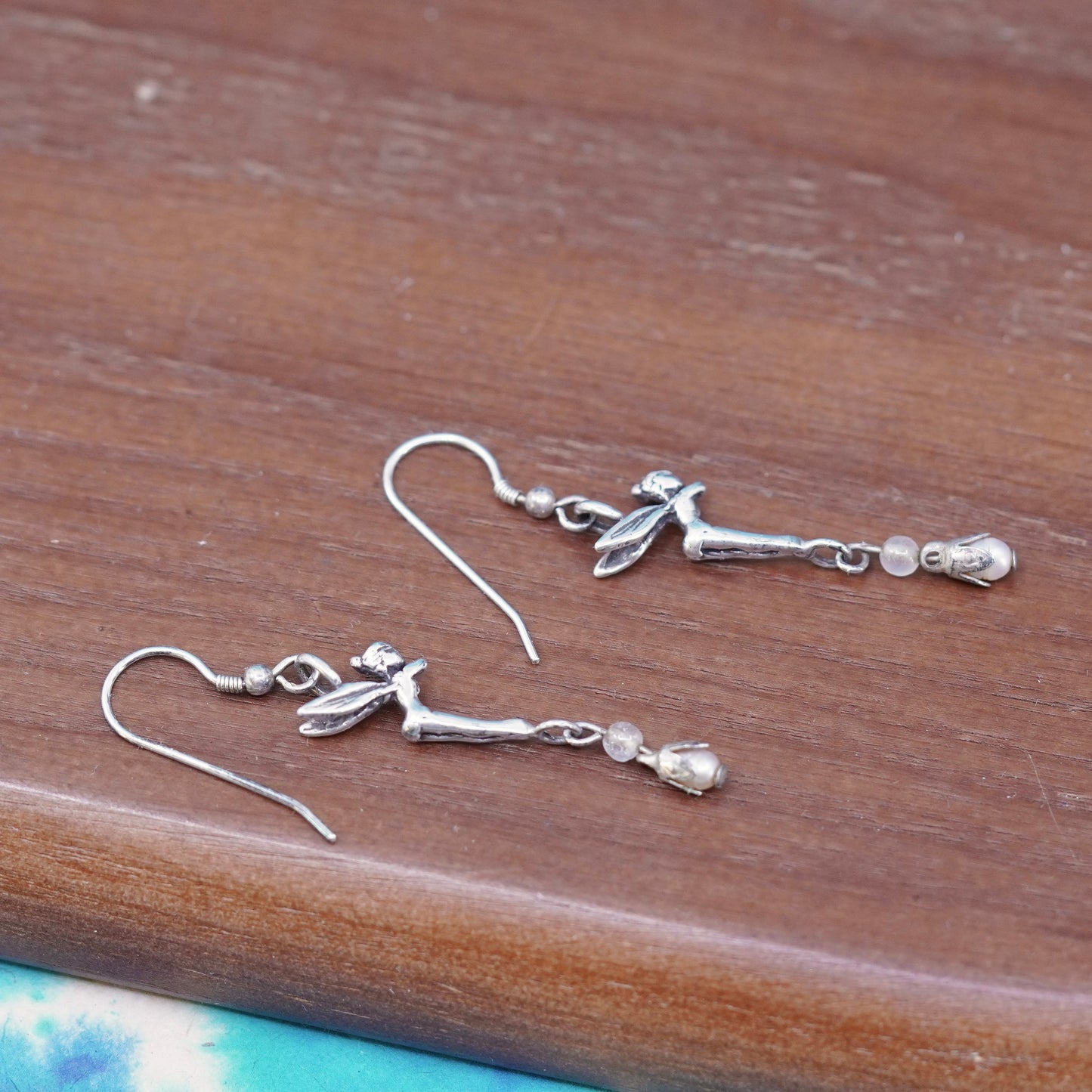 Sterling silver handmade earrings, Mexican 925 whispering fairy dangles pearl