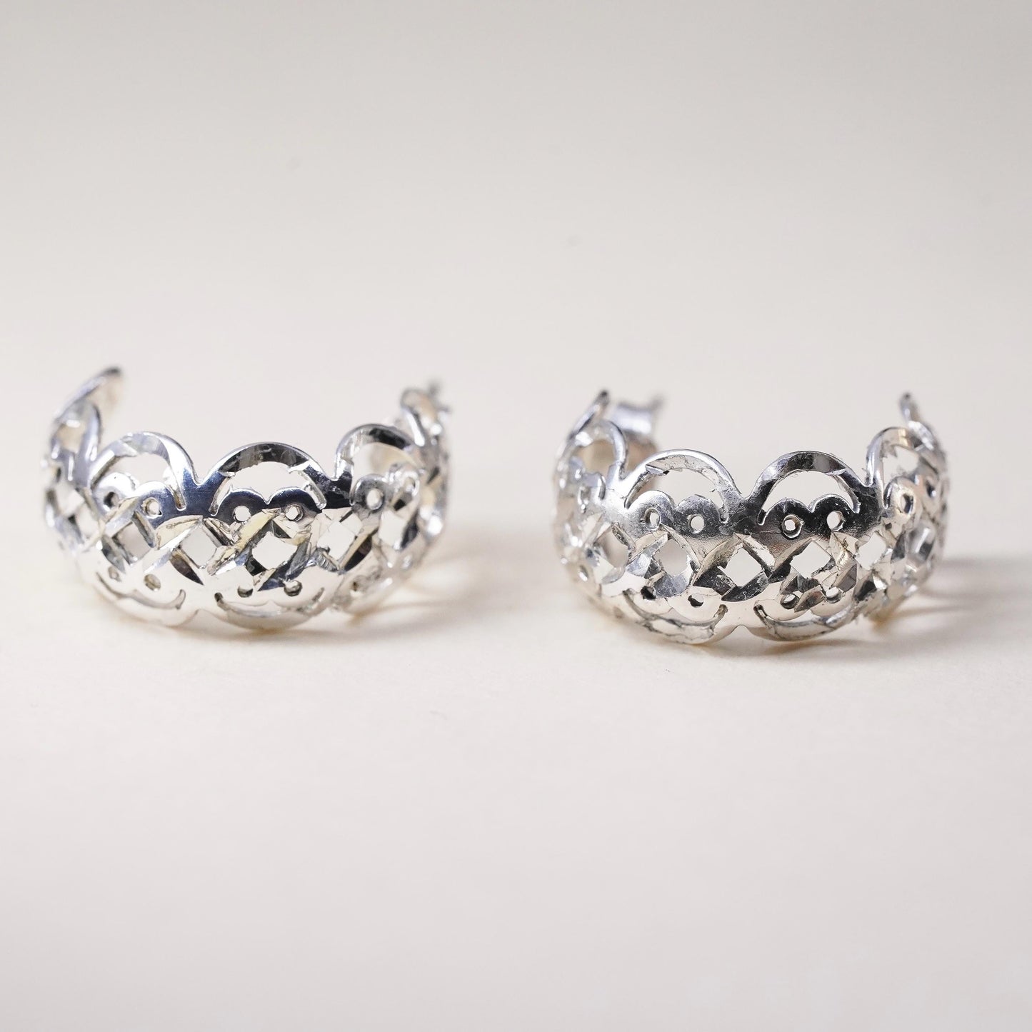 0.75", Vintage sterling 925 silver studs, filigree 925 huggie earrings
