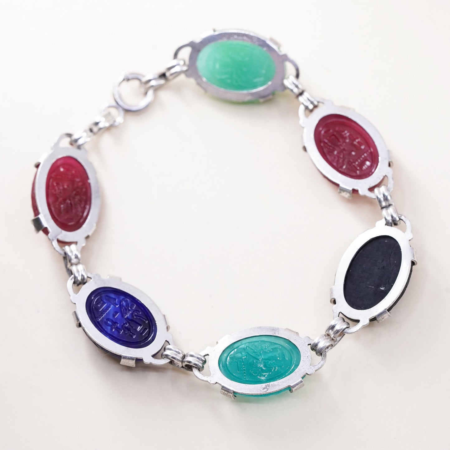 7”, vintage sterling 925 silver handmade bracelet with carved jade carnelian