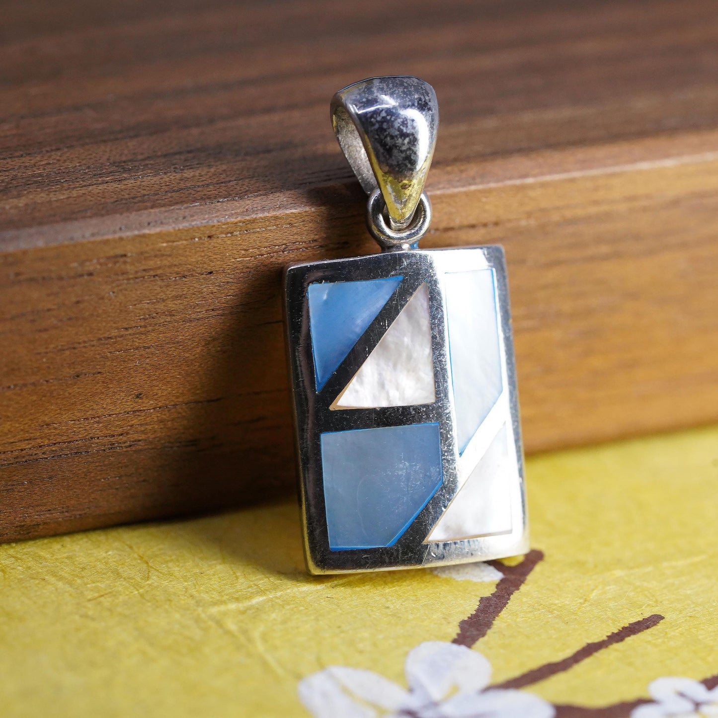 925 Sterling Silver Blue Pink Mother of Pearl Pendant Modernist Rectangle Charm