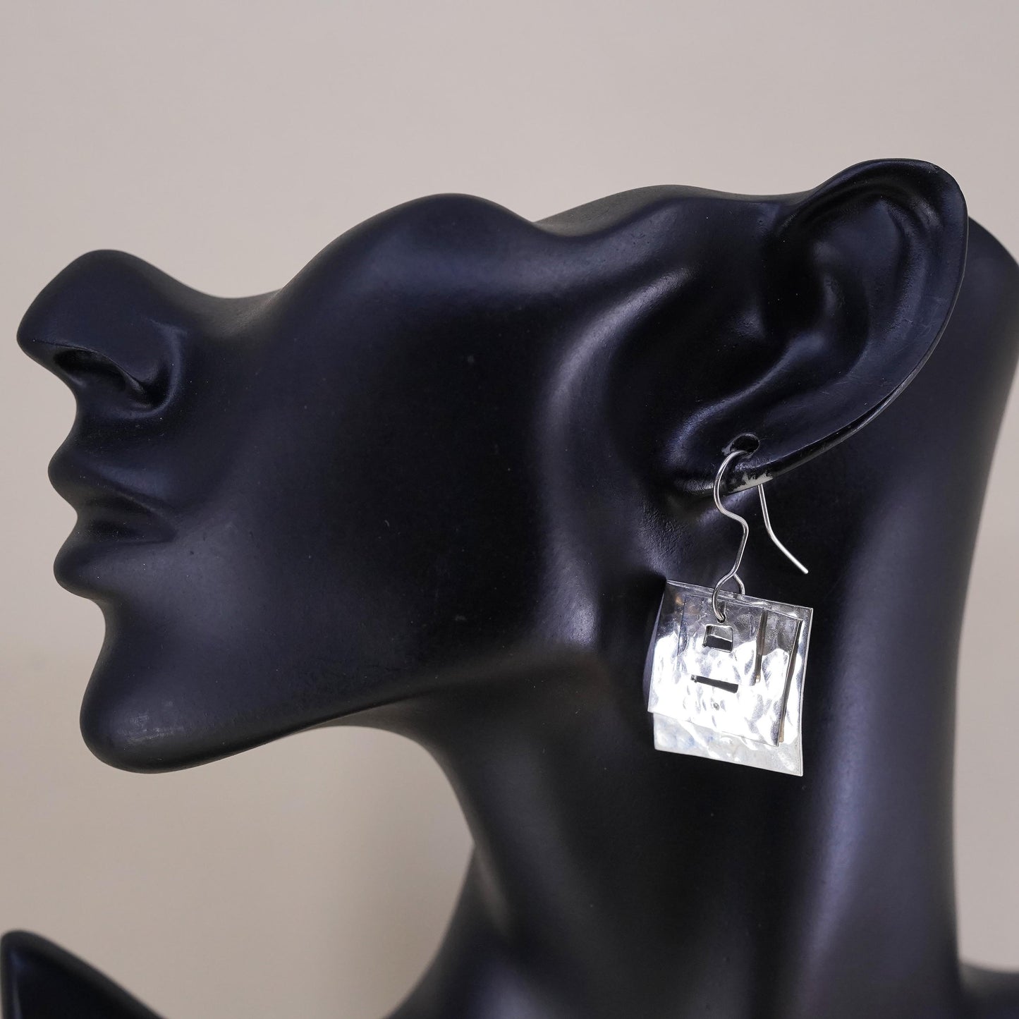 Vintage Sterling 925 Silver Hammered square disc Earrings