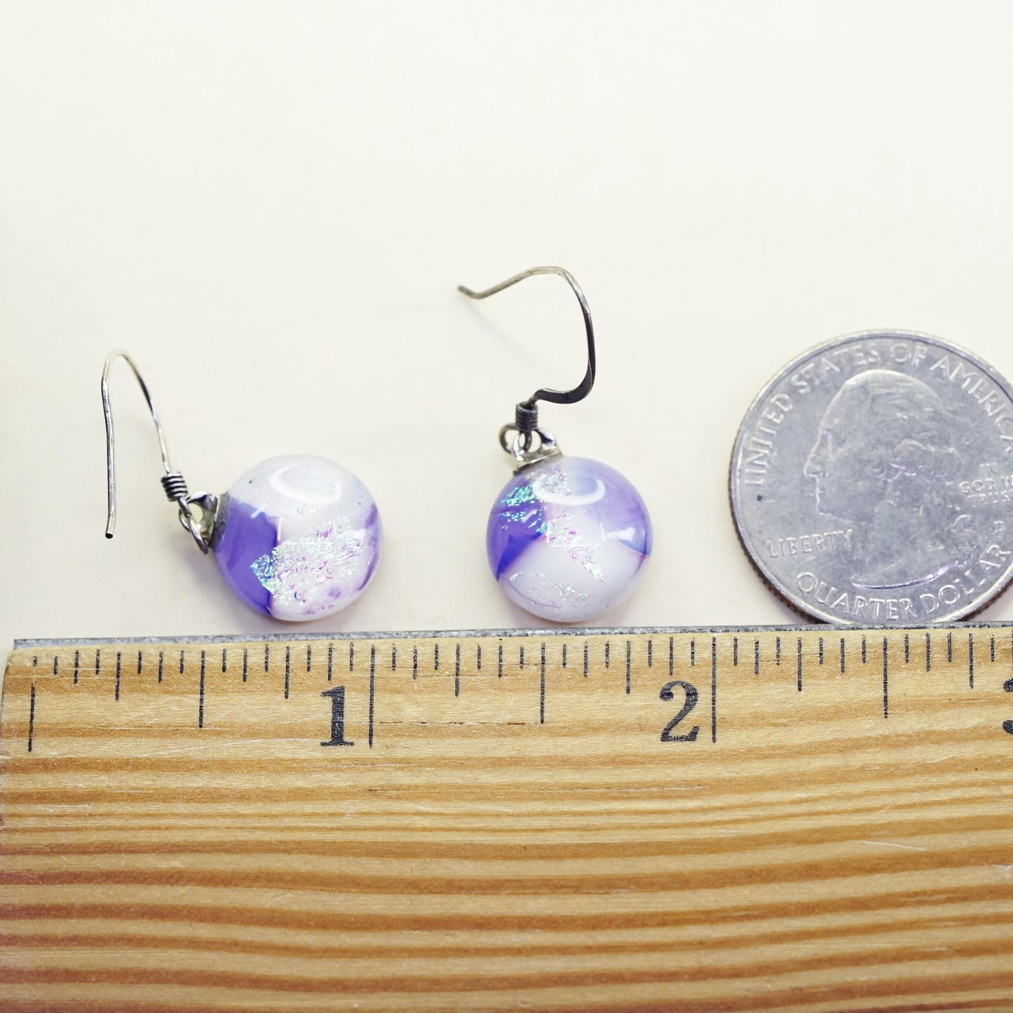 Vintage Sterling 925 silver handmade earrings purple foiled artisan glass drops
