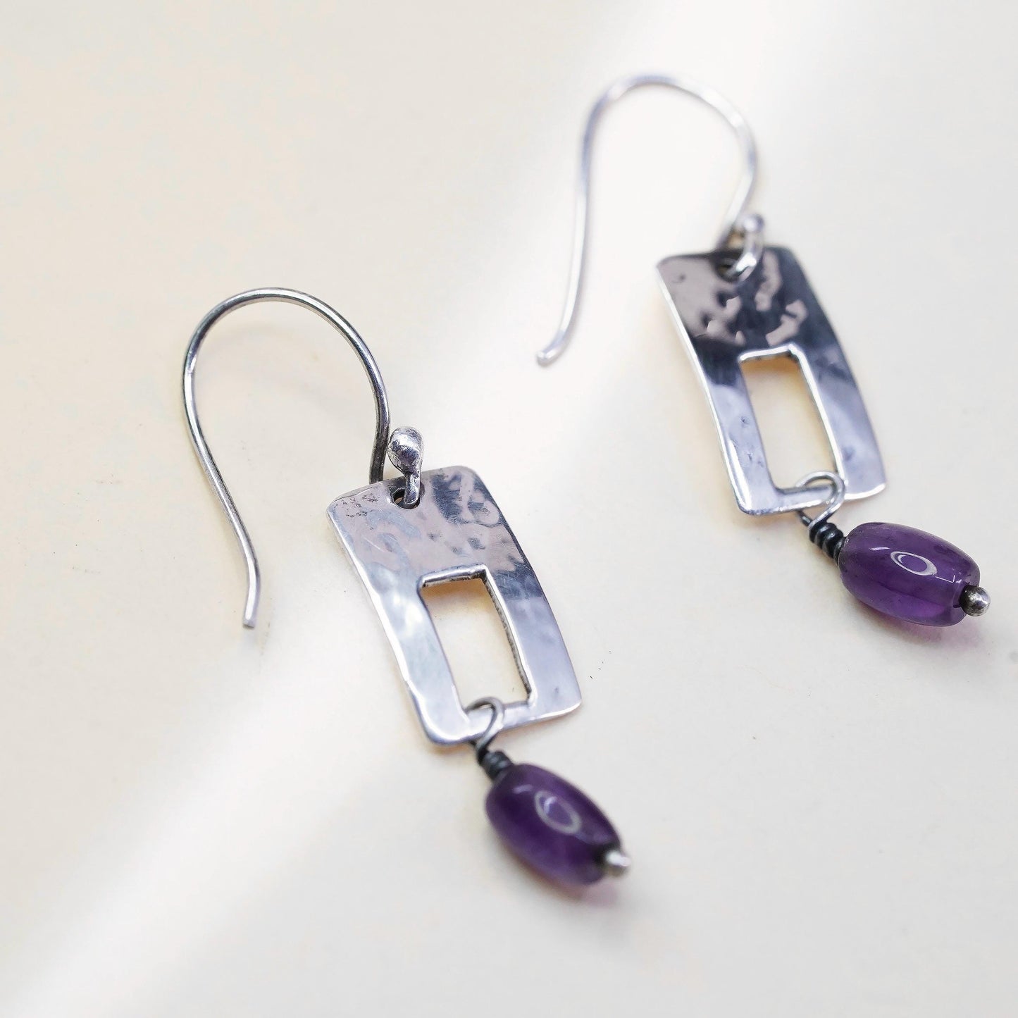 Vintage Far Fetched Sterling 925 Silver Handmade rectangular Earrings amethyst