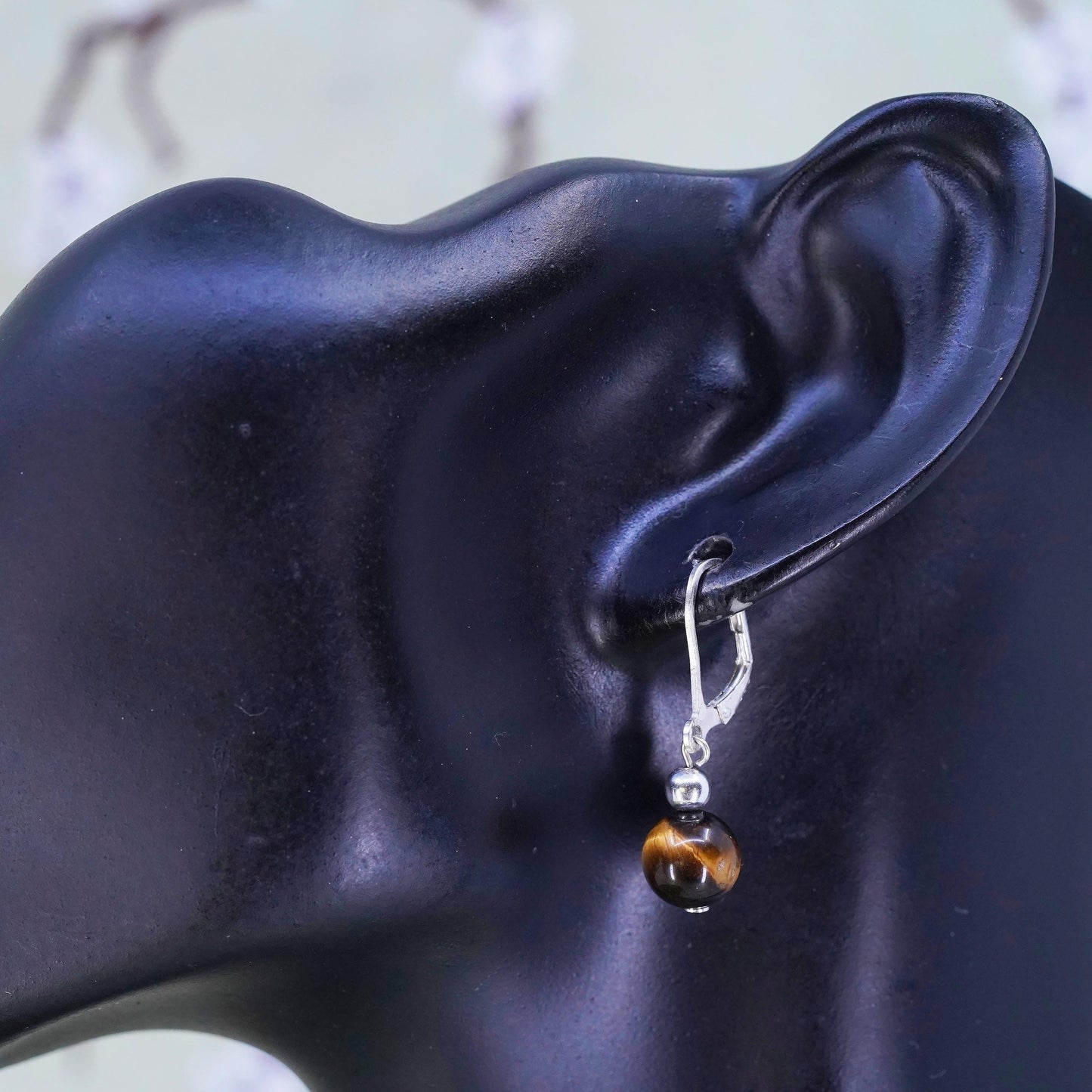 Vintage Sterling 925 silver handmade earrings with tiger eye beads