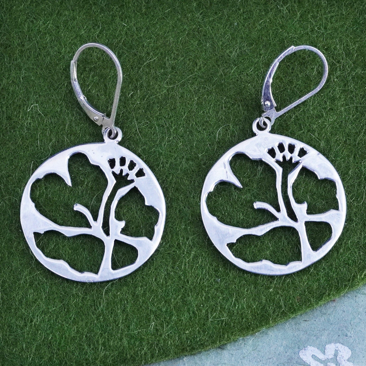 Sterling silver handmade earrings, 925 filigree circle dangles flower cut out
