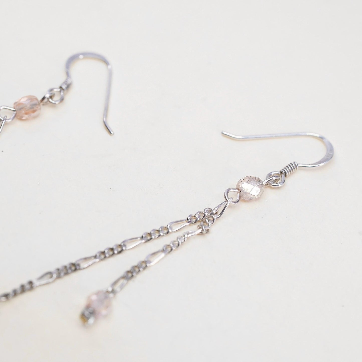 Vintage Sterling silver earrings, 925 figaro chain pink artisan glass drops