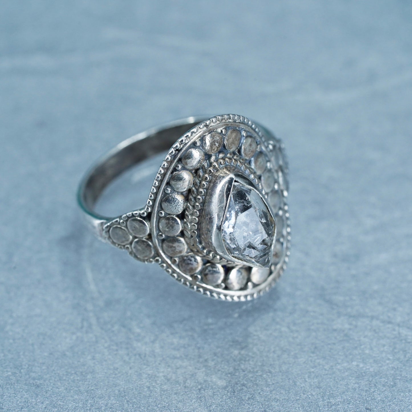 Size 9, vintage Sterling 925 silver handmade ring, crystal beaded band