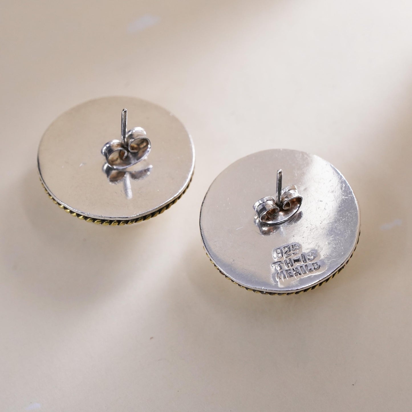 Vintage two tone Sterling silver earrings, Mexican 925 silver huge round studs