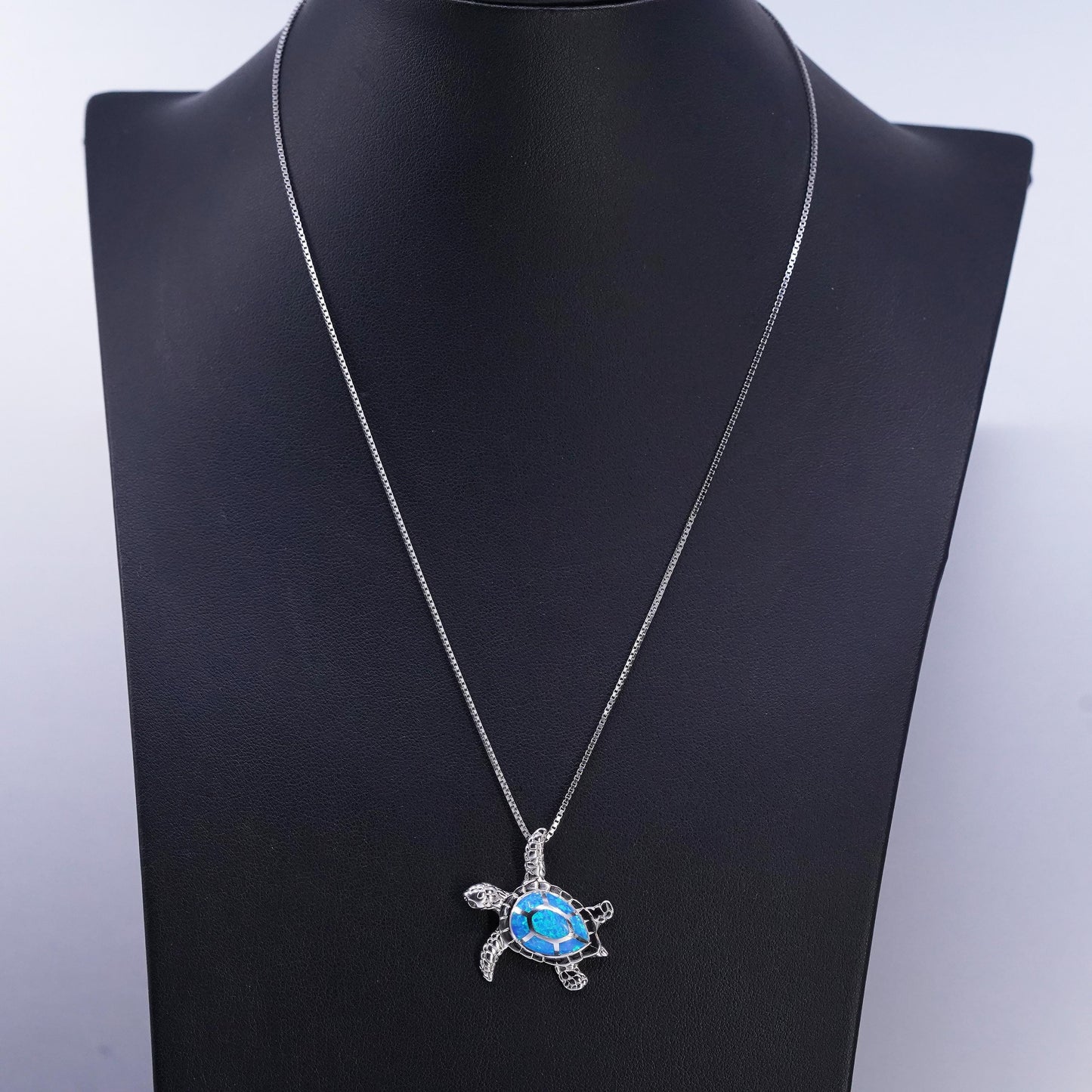 18", VTG Sterling 925 silver handmade box chain necklace opal turtle pendant