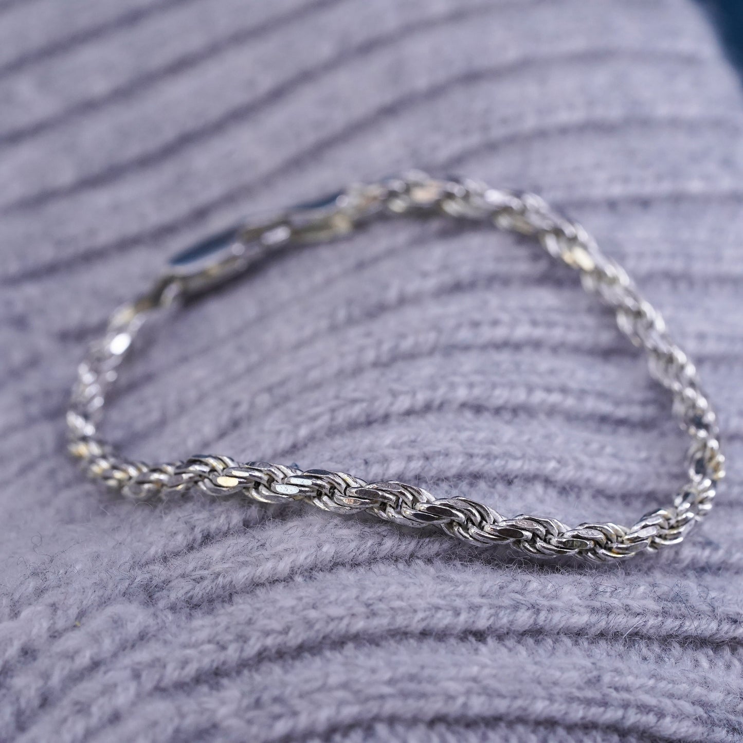 6.75", 4mm, vintage sterling silver handmade bracelet, 925 diamond rope chain