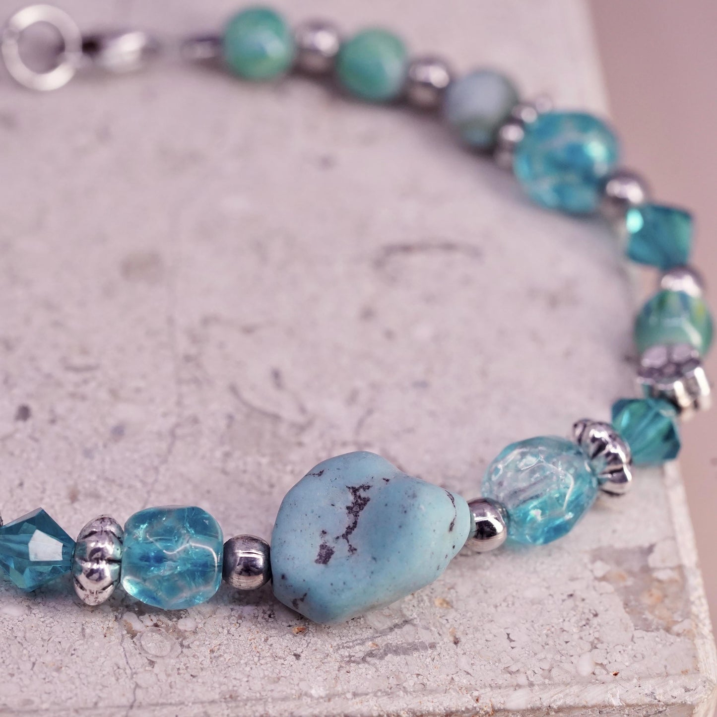 7", Vintage Sterling 925 silver handmade bracelet turquoise nugget crystal