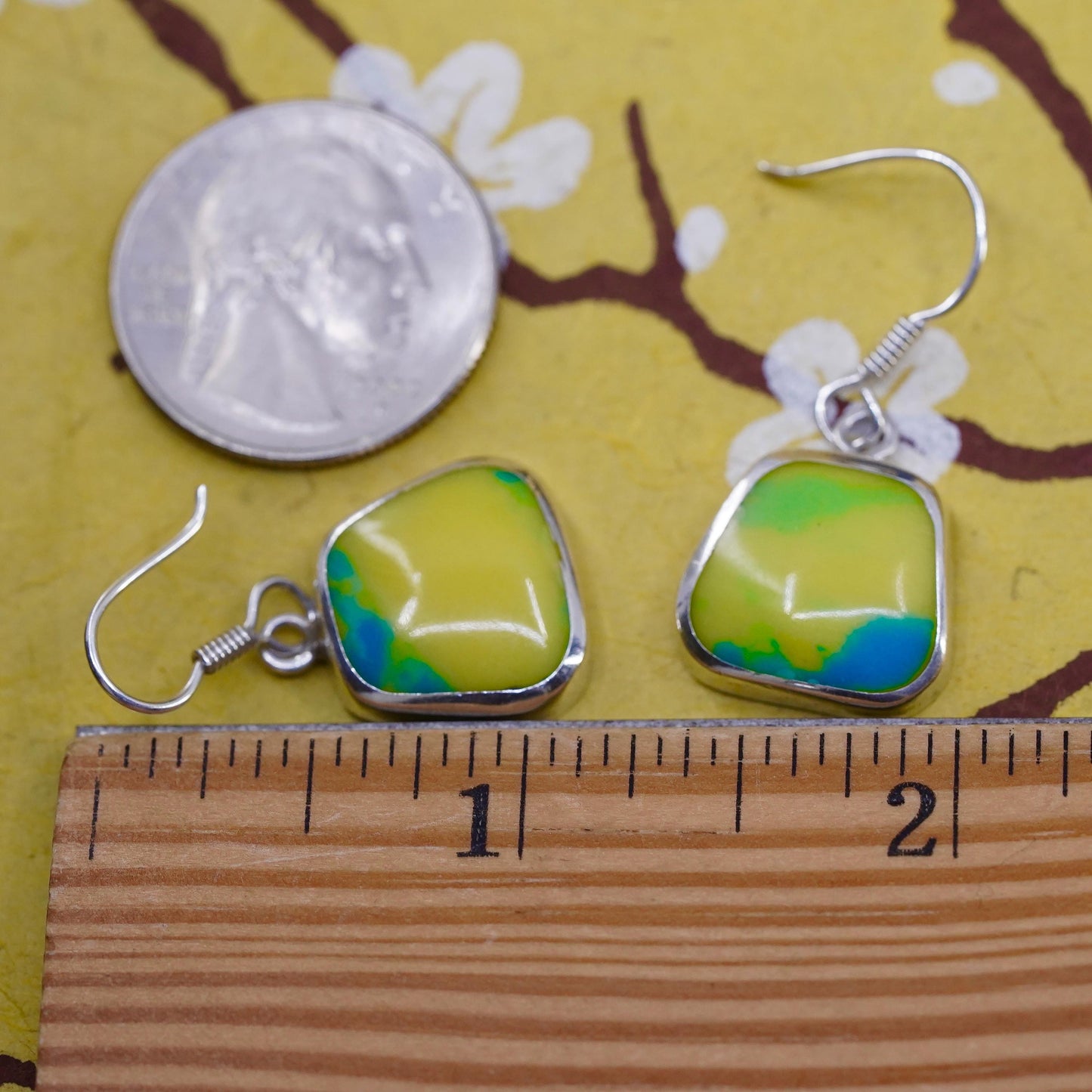 VTG Mexican sterling silver 925 handmade earrings green yellow artisan glass