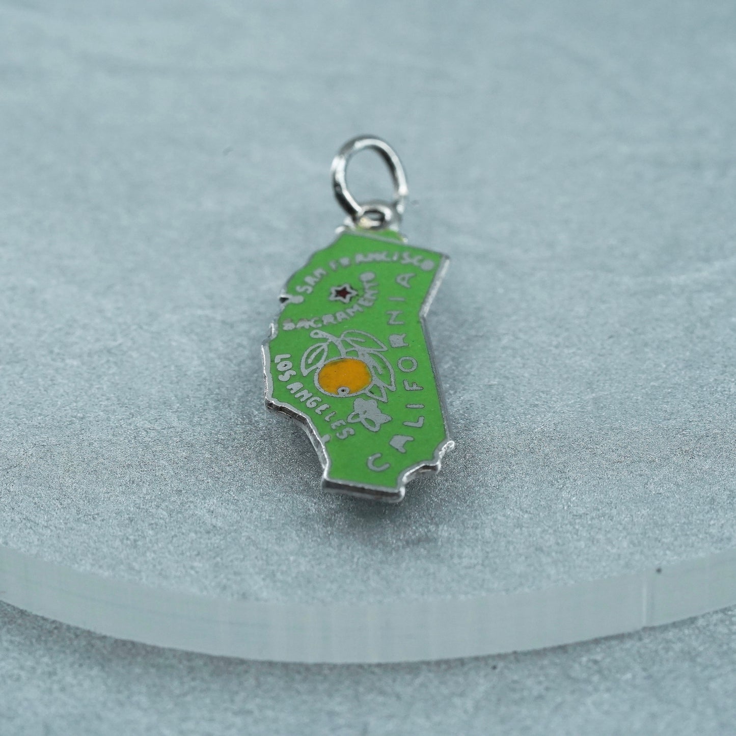 Vinatge Sterling 925 silver charm, green enamel California state tag