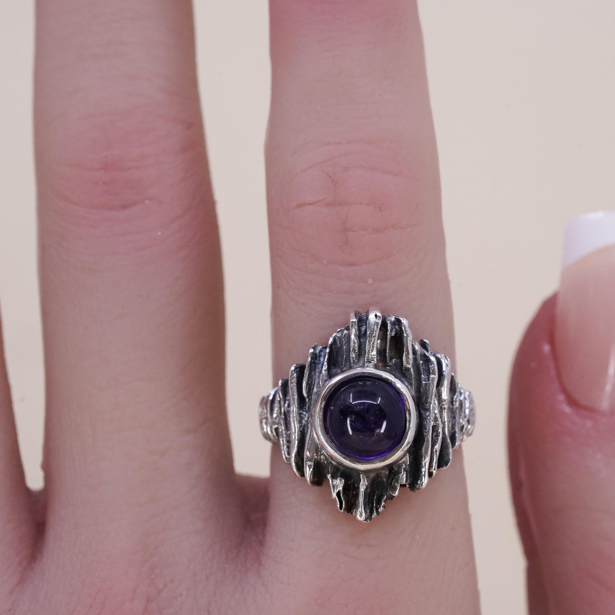 Size 7, vintage brutalism handmade sterling 925 silver textured ring amethyst