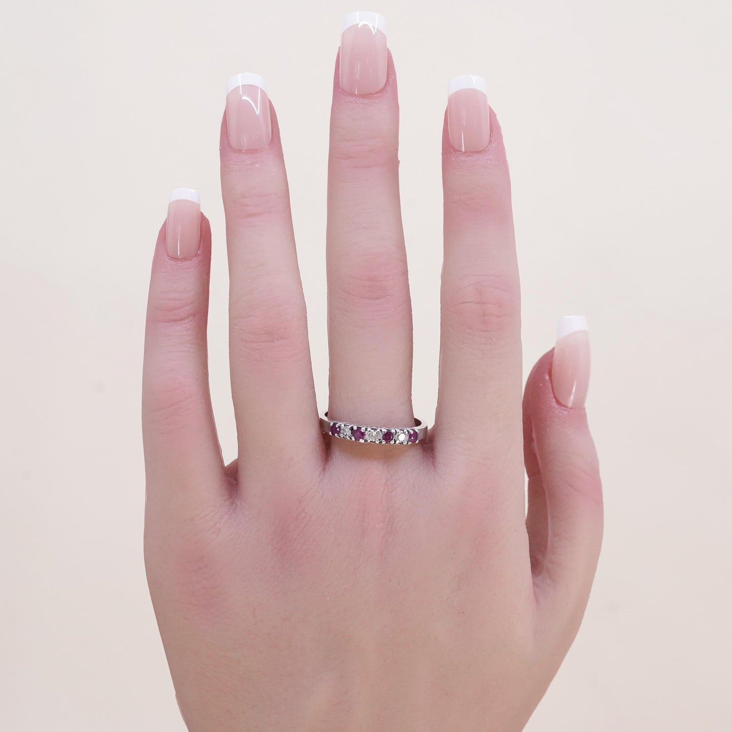 Size 9.25, Vintage sterling 925 silver handmade stackable ring with ruby and cz