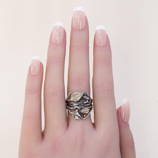 Size 6.75, Israel Pz Or Paz two tone Sterling silver ring, 925 Leafy vine band