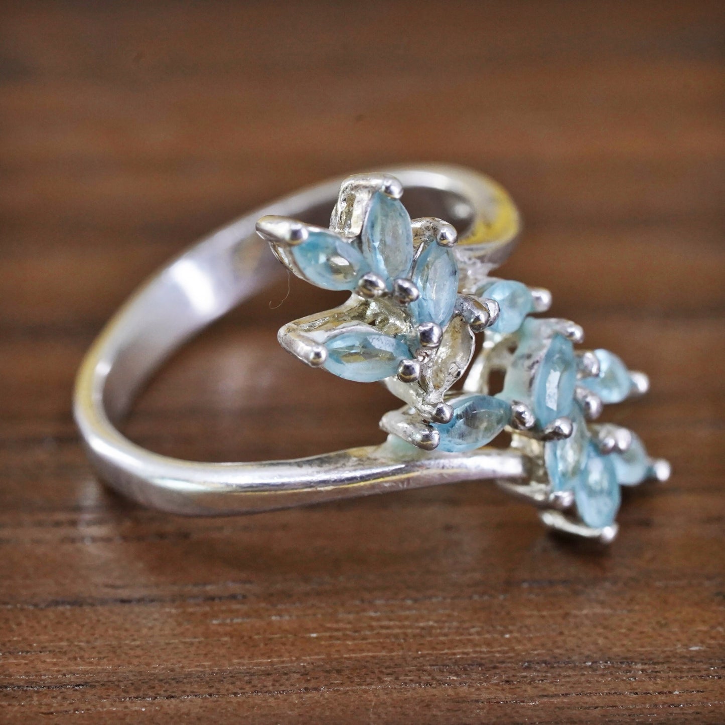Size 7, Vintage Sterling silver handmade ring, blue crystal flower, 925 band
