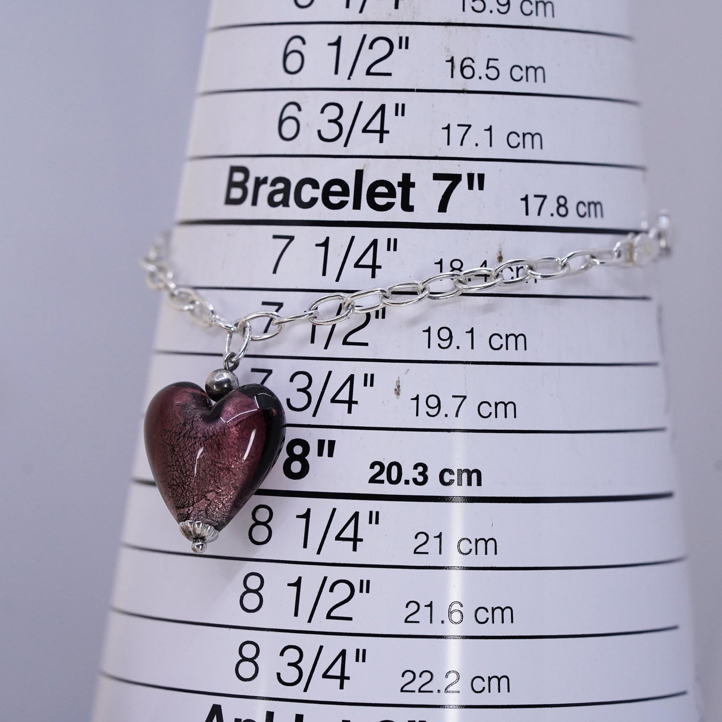 7.25" 3mm, Vintage sterling silver oval link chain with glass heart charm