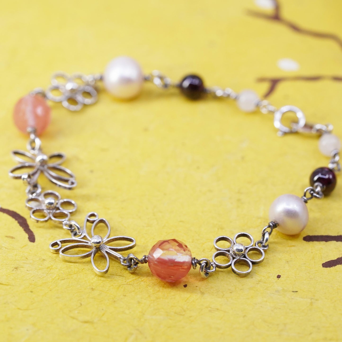 7", VTG Sterling 925 silver butterfly flower bracelet rose pink quartz pearl