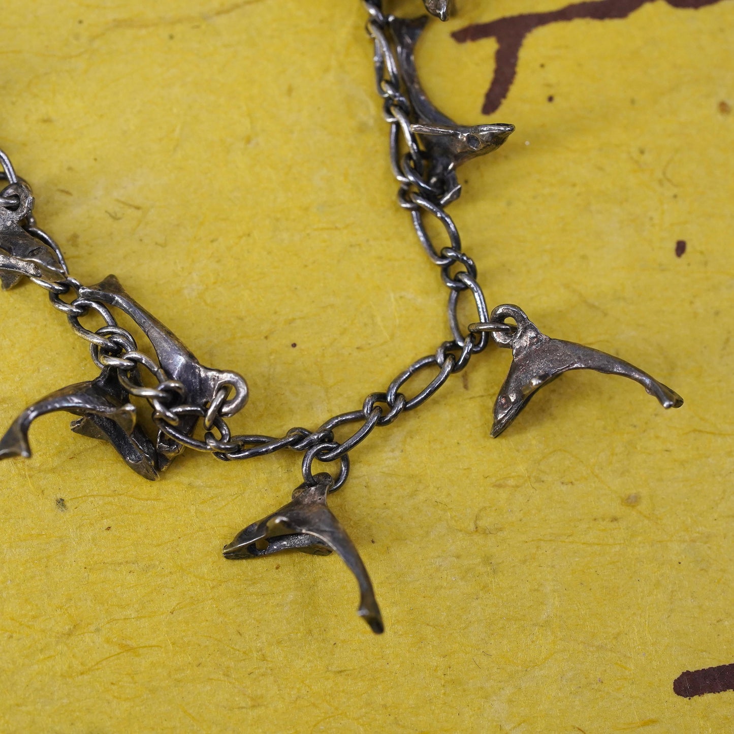 7”, vintage oxidized Sterling silver bracelet, 925 silver chain dolphin charms