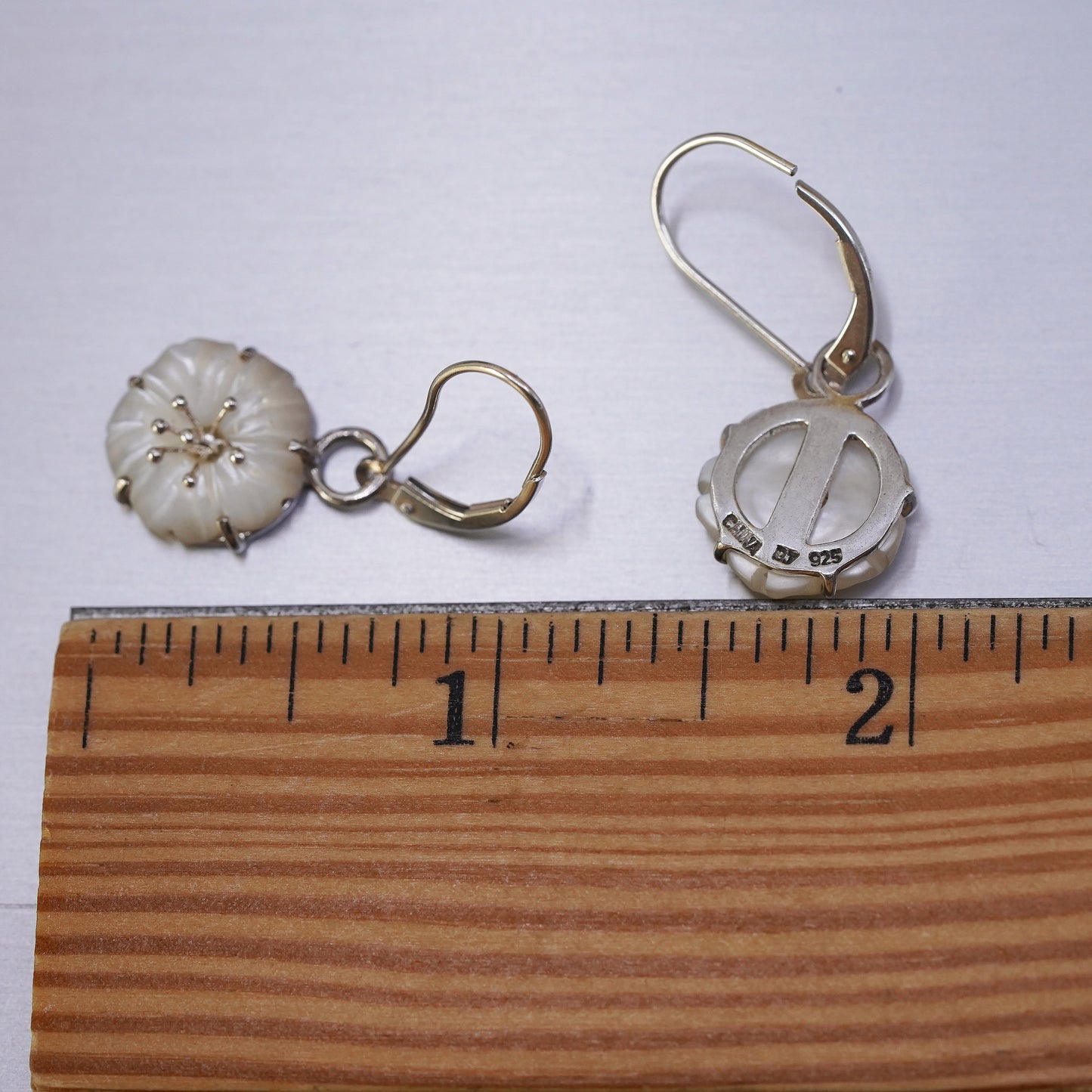 Vintage Sterling silver earrings, 925 plumeria flower dangles mother of pearl