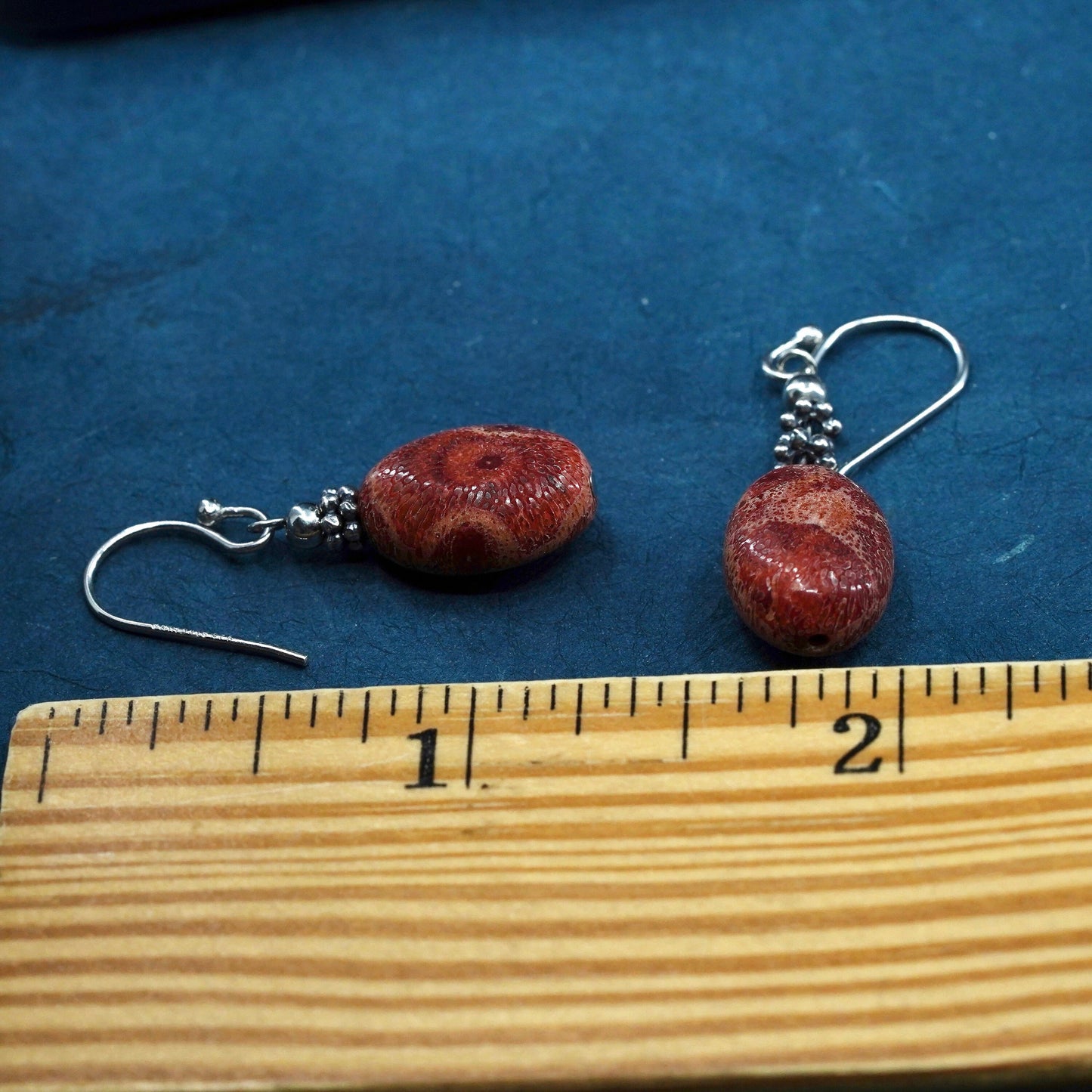 Sterling silver handmade earrings, 925 hooks with natural red coral dangles