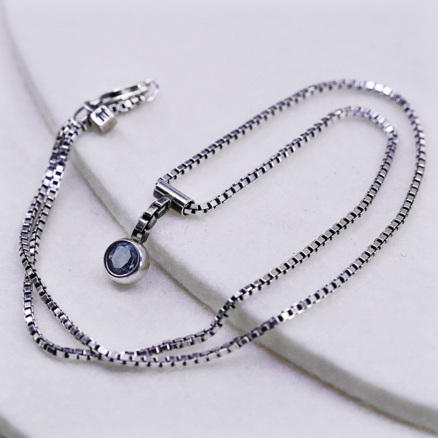 16”, vintage Sterling 925 silver box chain necklace with blue crystal pendant