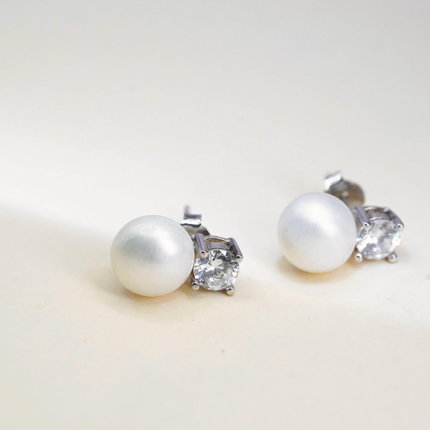 Vintage LUC sterling silver earrings, 925 studs with pearl and cz