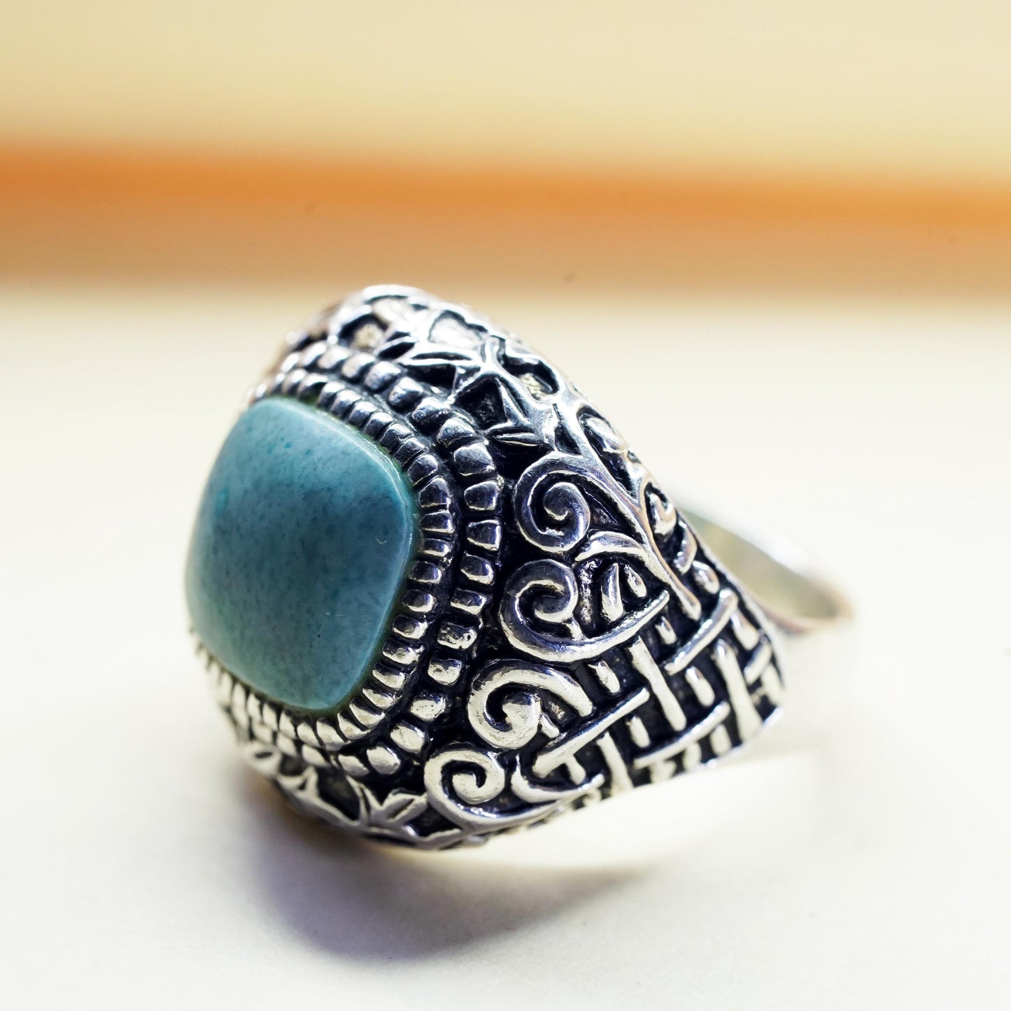 Size 7, Vintage sterling silver ring, 925 statement band with square turquoise