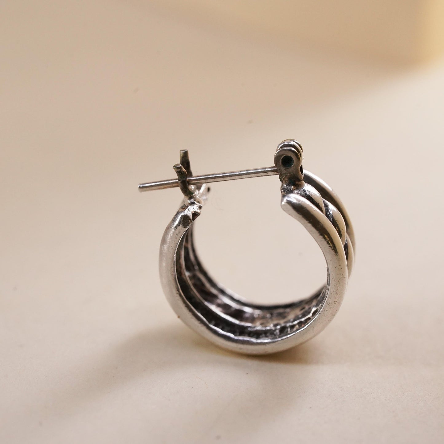 0.5”, Vintage Jezlaine sterling silver single earring, cable primitive hoop