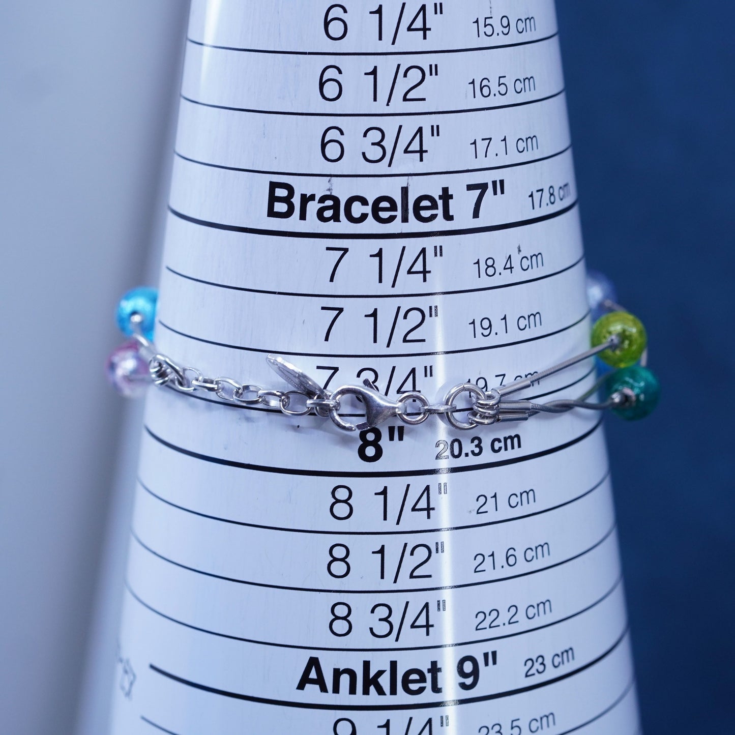 7.5+1”, Antica 925 Sterling silver snake chain bracelet artisan foiled glass