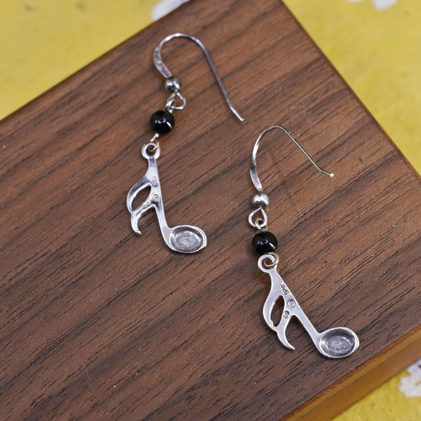 Vintage Sterling 925 silver handmade music note earrings with onyx beads