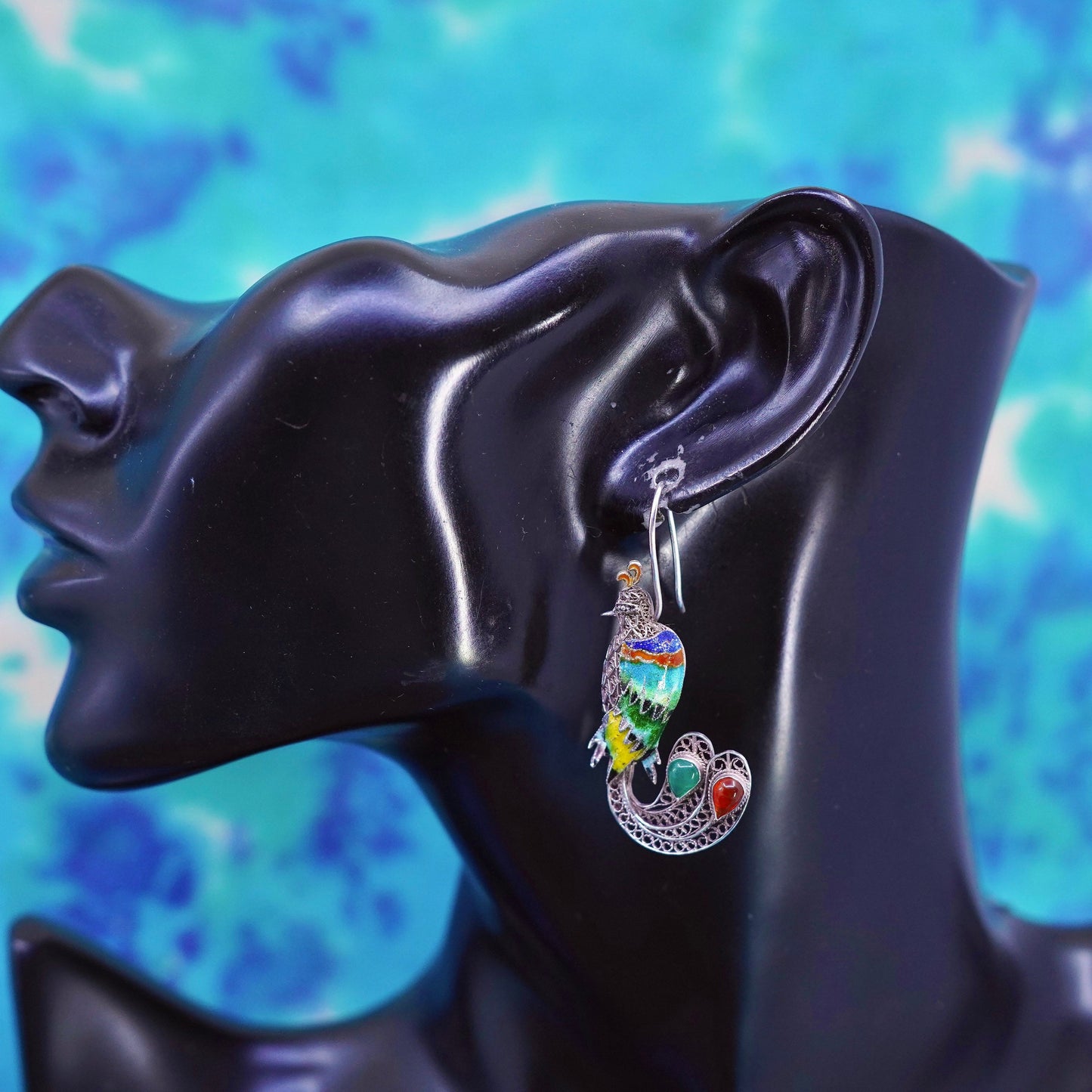 Sterling silver handmade earrings filigree 925 peacock drops w/ colorful enamel