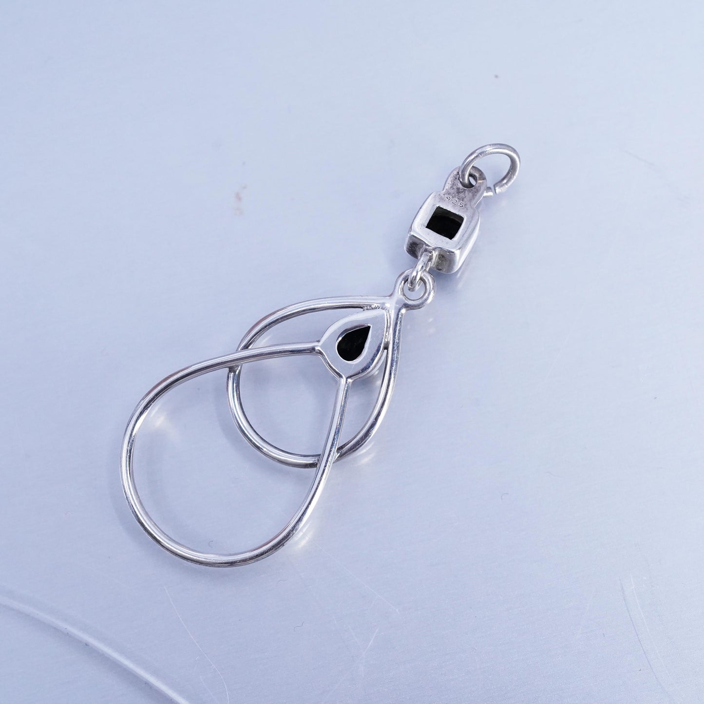 Vintage Sterling silver handmade charm, 925 teardrop pendant with onyx inlay