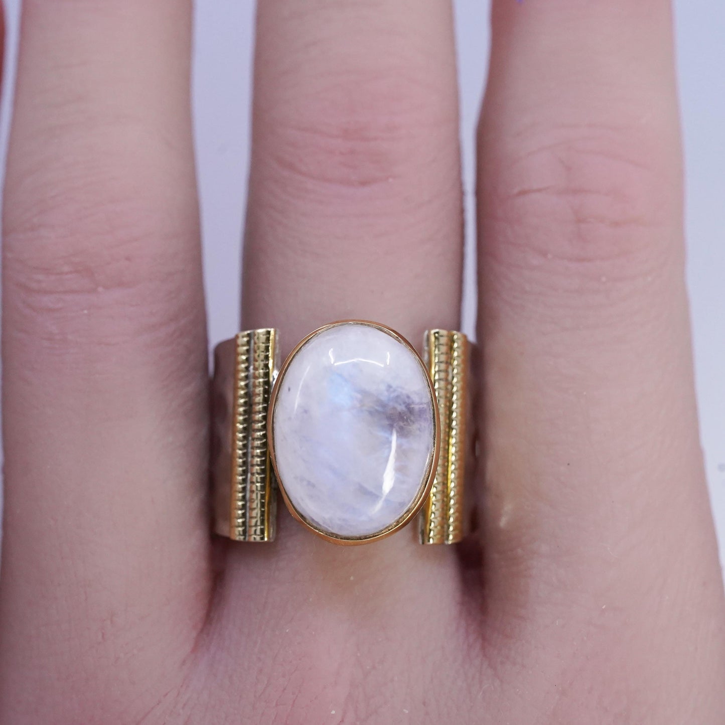 Size 9.25, vintage Indian YS two tone Sterling 925 silver ring oval moonstone