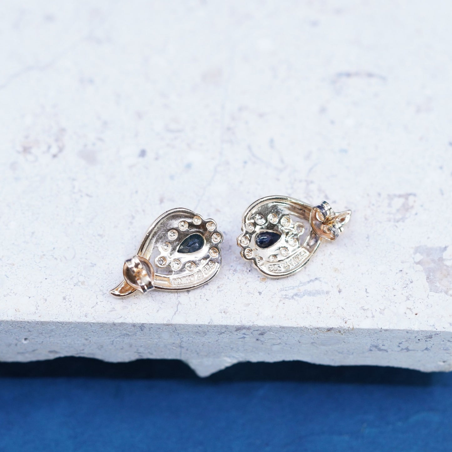 vermeil gold over Sterling silver earrings, 925 teardrop studs sapphire diamond