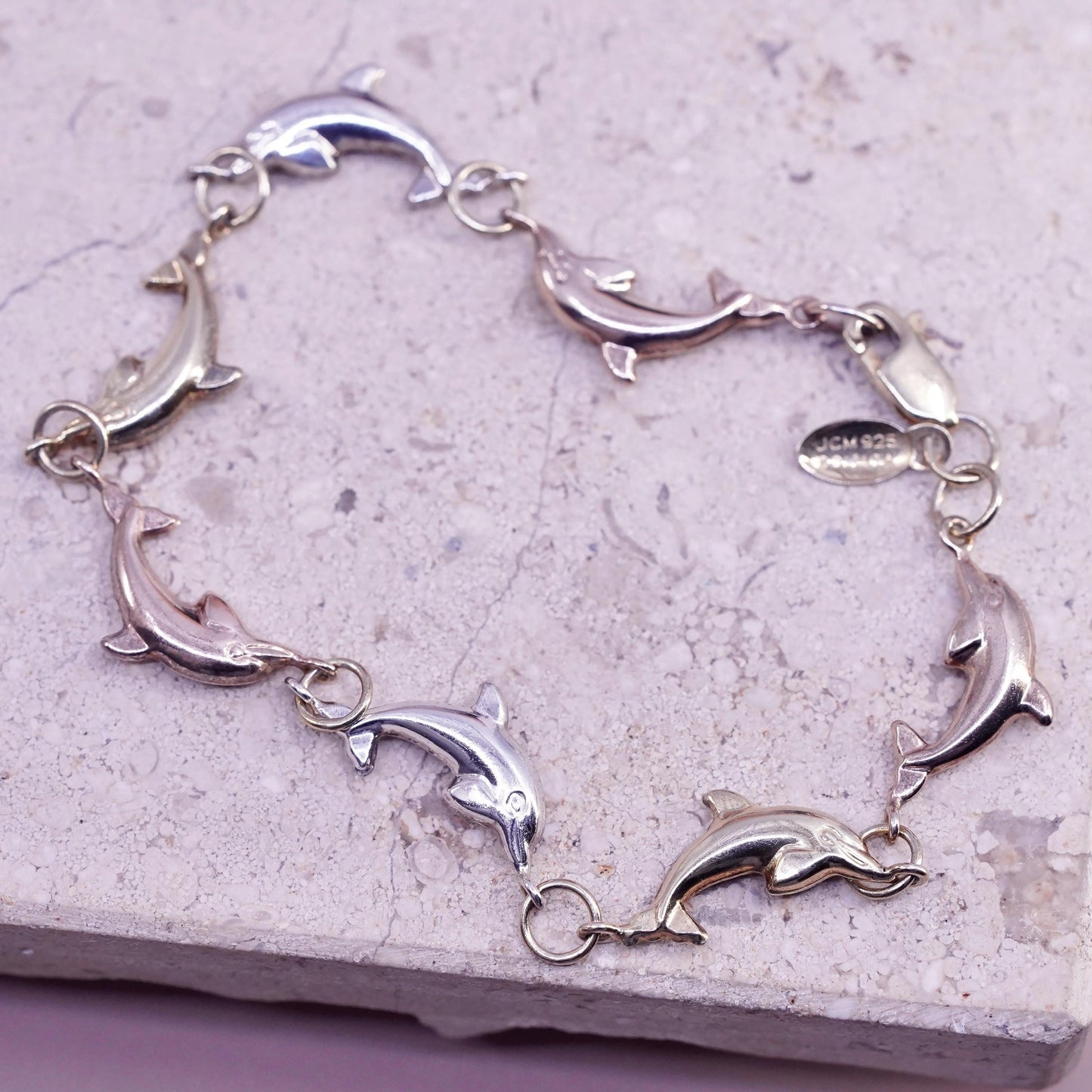 6.75”, vintage triple tone Sterling 925 silver dolphin link chain bracelet,