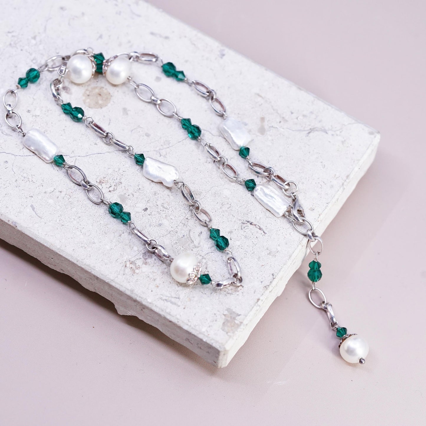 20" Sterling 925 silver necklace with freshwater pearl green crystal beads