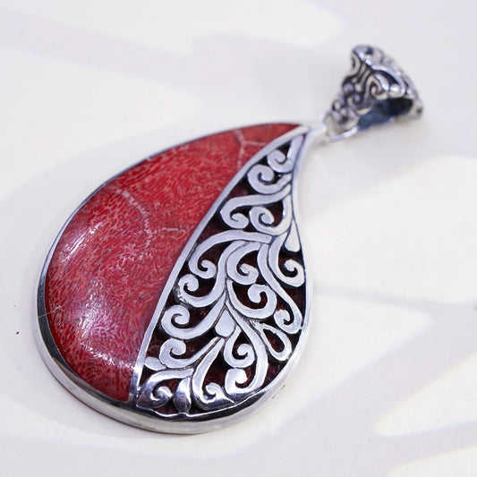 Sterling Silver Red Coral Teardrop double sided Pendant, Bali Filigree Charm
