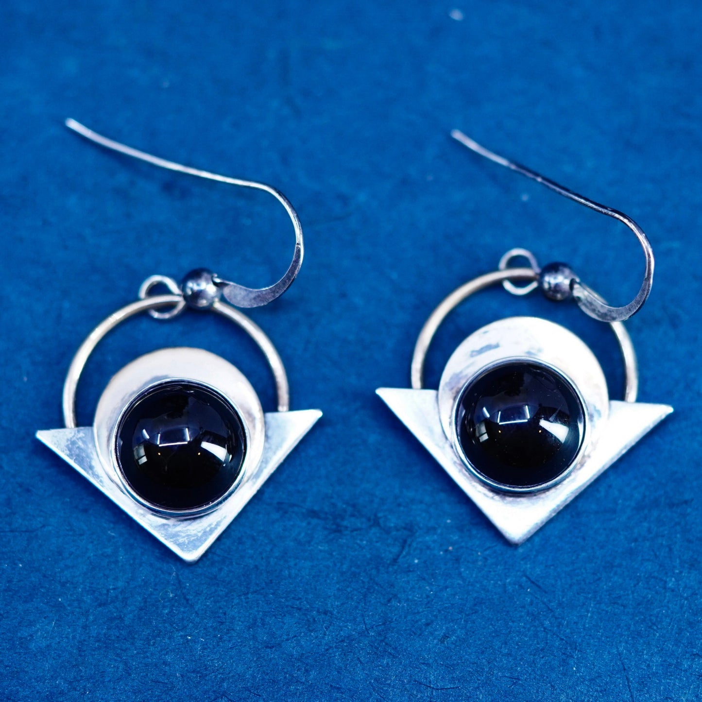 PJP gold filled sterling silver drop earrings, modern 925 disc with black onyx