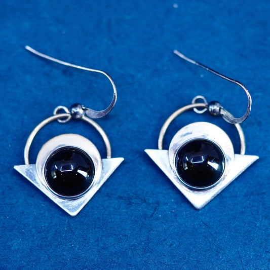 PJP gold filled sterling silver drop earrings, modern 925 disc with black onyx
