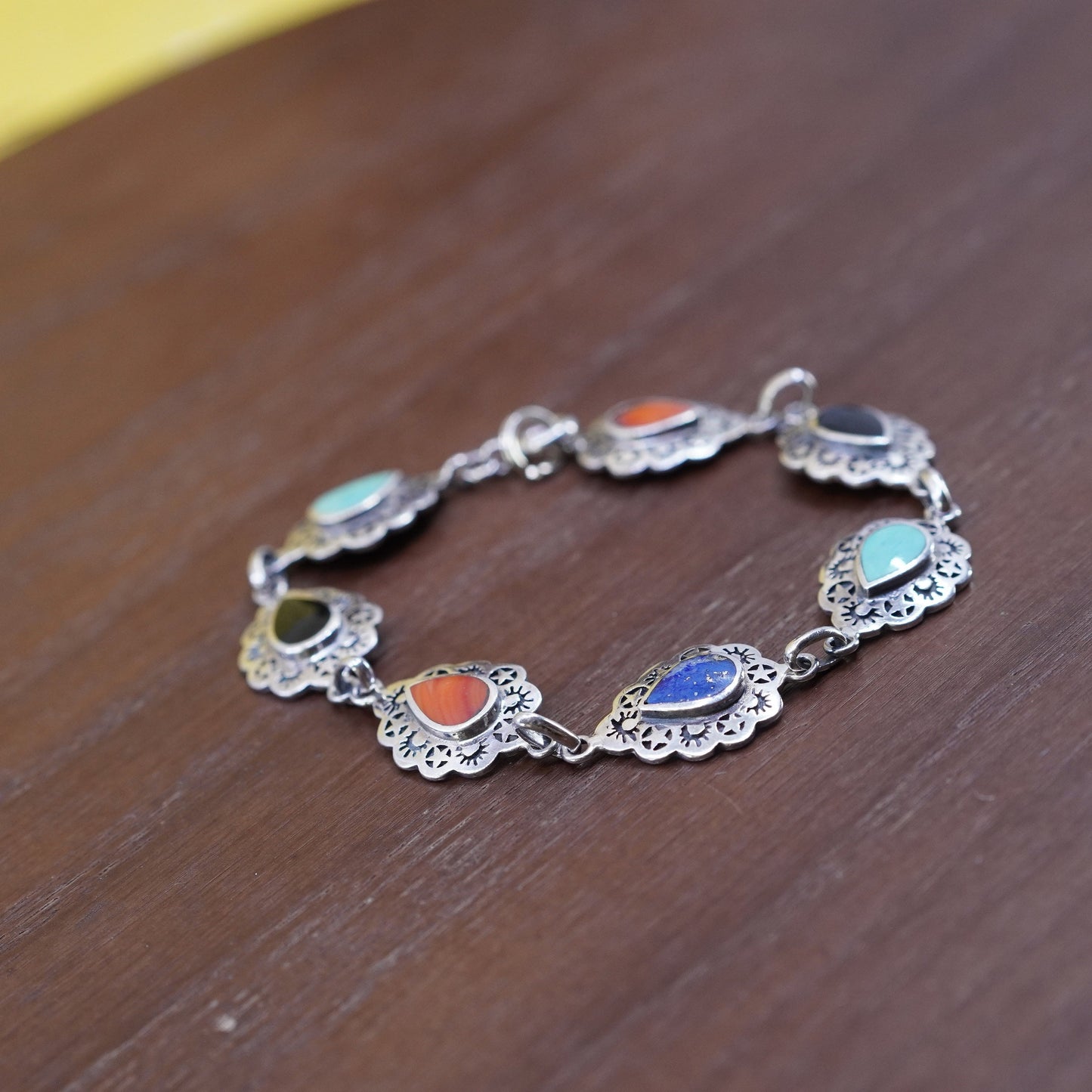 6”, Carolyn Pollack Sterling 925 silver teardrop bracelet lapis onyx carnelian