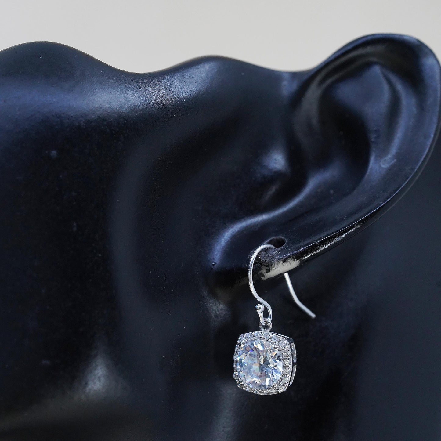 Vintage sterling silver handmade earrings, 925 silver square with cluster Cz