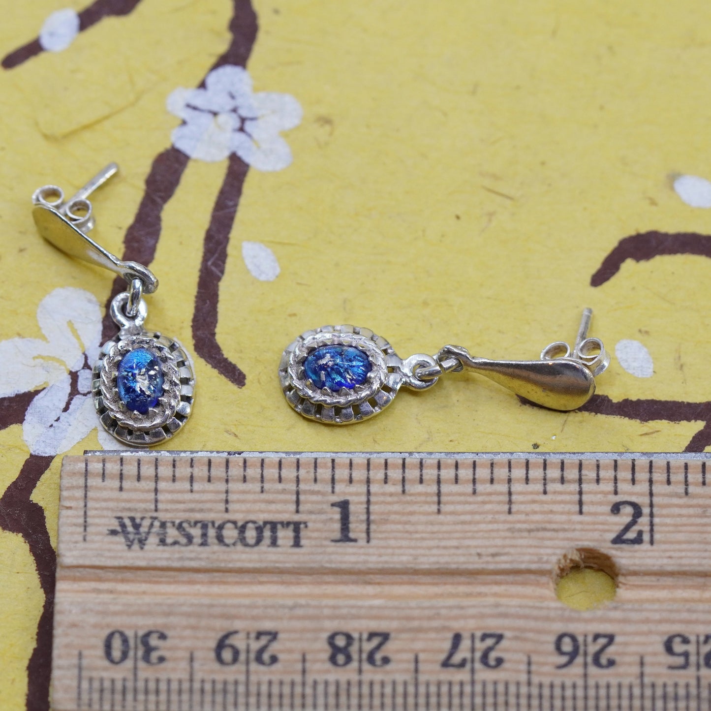 Vintage sterling silver 925 handmade earrings with blue dichroic glass drops